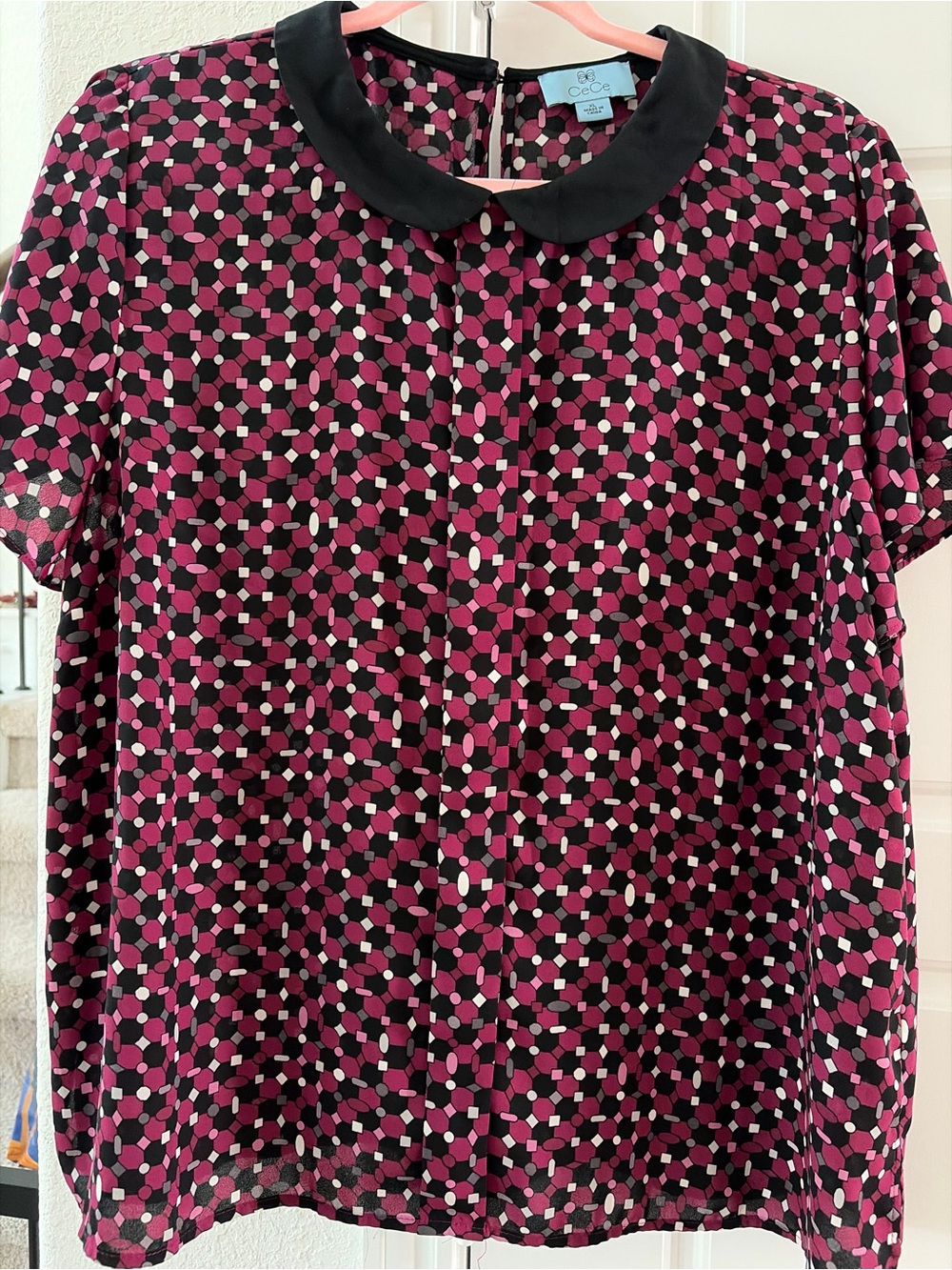 CeCe Black Peter Pan Collar Geometric Print Blouse in Pink